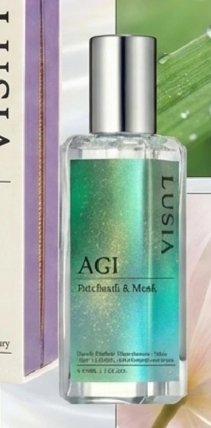 에메랄드 그린 라벨의 LUSIA AGI 향수와 이슬 맺힌 잎