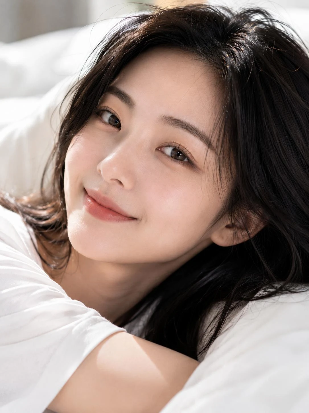 하얀 침구 위에서 편안하게 미소 짓는 류시아